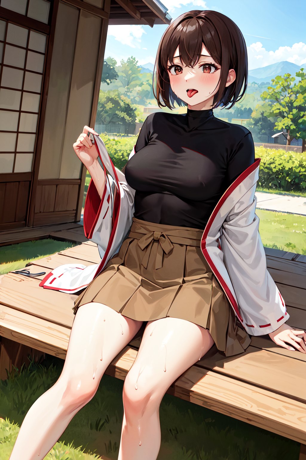 masterpiece, best quality, highres, hyuugaise, short hair, japanese clothes, open clothes, skin tight, black shirt, undershirt, brown skirt, hakama skirt, undressing, <lora:hyuuga_&_ise_v1:0.8>, bench, sitting, sweat, tongue, outdoor,