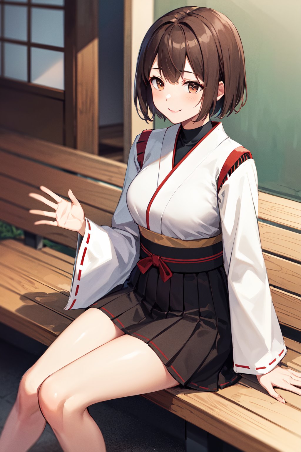 masterpiece, best quality, highres, hyuugaise, short hair, japanese clothes, long sleeves, hakama skirt, black skirt, <lora:hyuuga_&_ise_v1:0.8>, sitting, bench, waving, smile