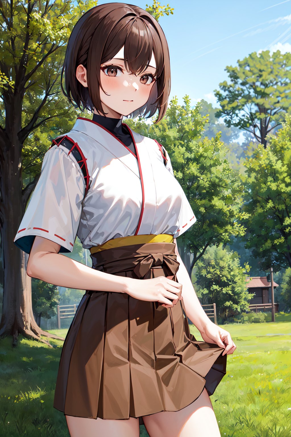 masterpiece, best quality, highres, hyuugaise, short hair, japanese clothes, short sleeves, hakama skirt, brown skirt, <lora:hyuuga_&_ise_v1:0.8>, cowboy shot, standing, outdoors