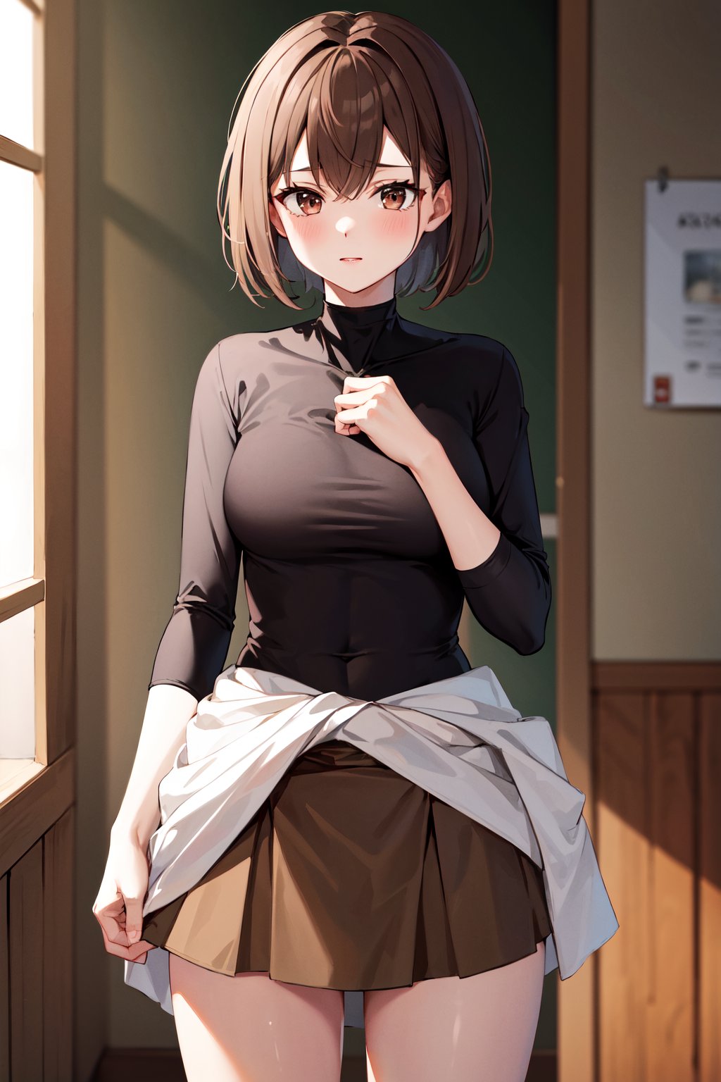 masterpiece, best quality, highres, hyuugaise, short hair, black shirt, skin tight, brown skirt, clothes around waist, <lora:hyuuga_&_ise_v1:0.8>, cowboy shot, standing, indoors