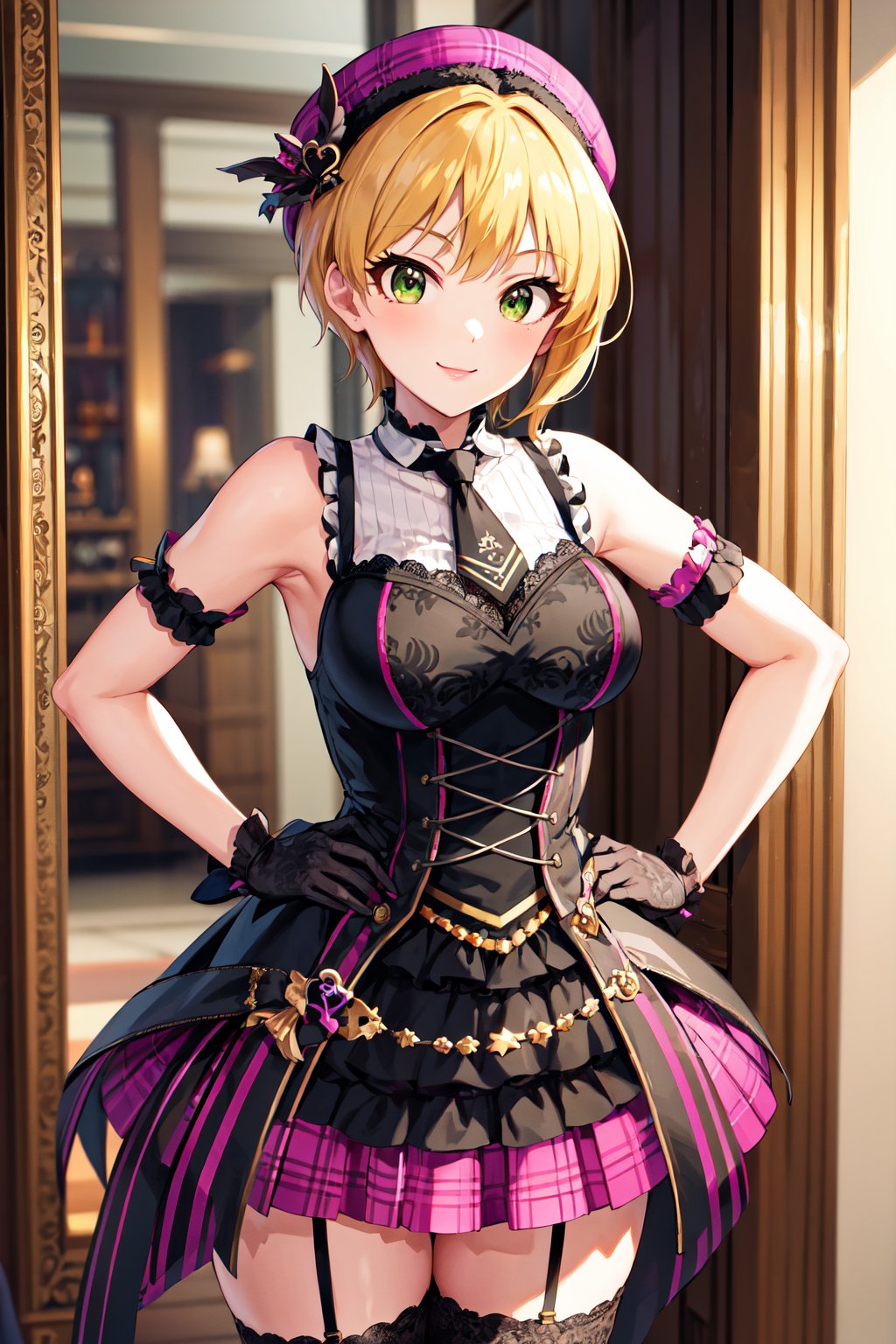 masterpiece, best quality, highres, hmfre, blonde hair, beret, purple headwear, plaid, black necktie, sleeveless dress, corset, arm strap, black gloves, black thighhighs, striped thighhighs, garter straps, idolmaster cinderella girls, <lora:miyamoto_frederica_v1:0.7>, outdoors, standing, cowboy shot, paris, smile, hand on hip, indoors, mirror