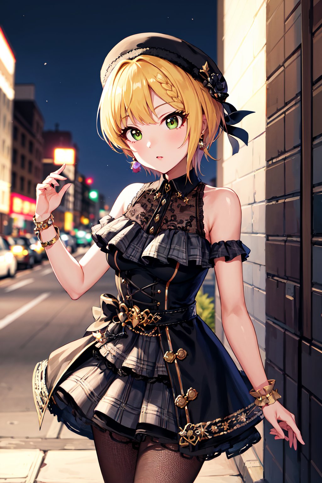 masterpiece, best quality, highres, hmfre, blonde hair, braid, beret, black headwear, earrings, armlet, plaid, bare shoulders, black bow, black dress, wrist cuffs, bracelet, belt, fishnet pantyhose, idolmaster cinderella girls, <lora:miyamoto_frederica_v1:0.7>, night, city, street, standing, cowboy shot, arms at sides, straight-on, 