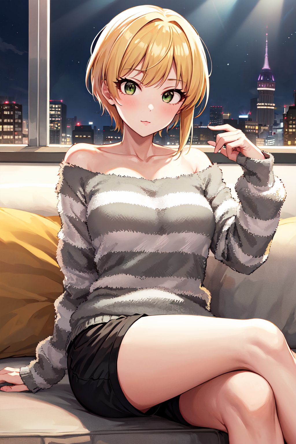 masterpiece, best quality, highres, hmfre, blonde hair, collarbone, off shoulder, striped sweater, long sleeves, sleeves past wrists, black shorts, idolmaster cinderella girls, <lora:miyamoto_frederica_v1:0.7>, sofa, sitting, crossed legs, 