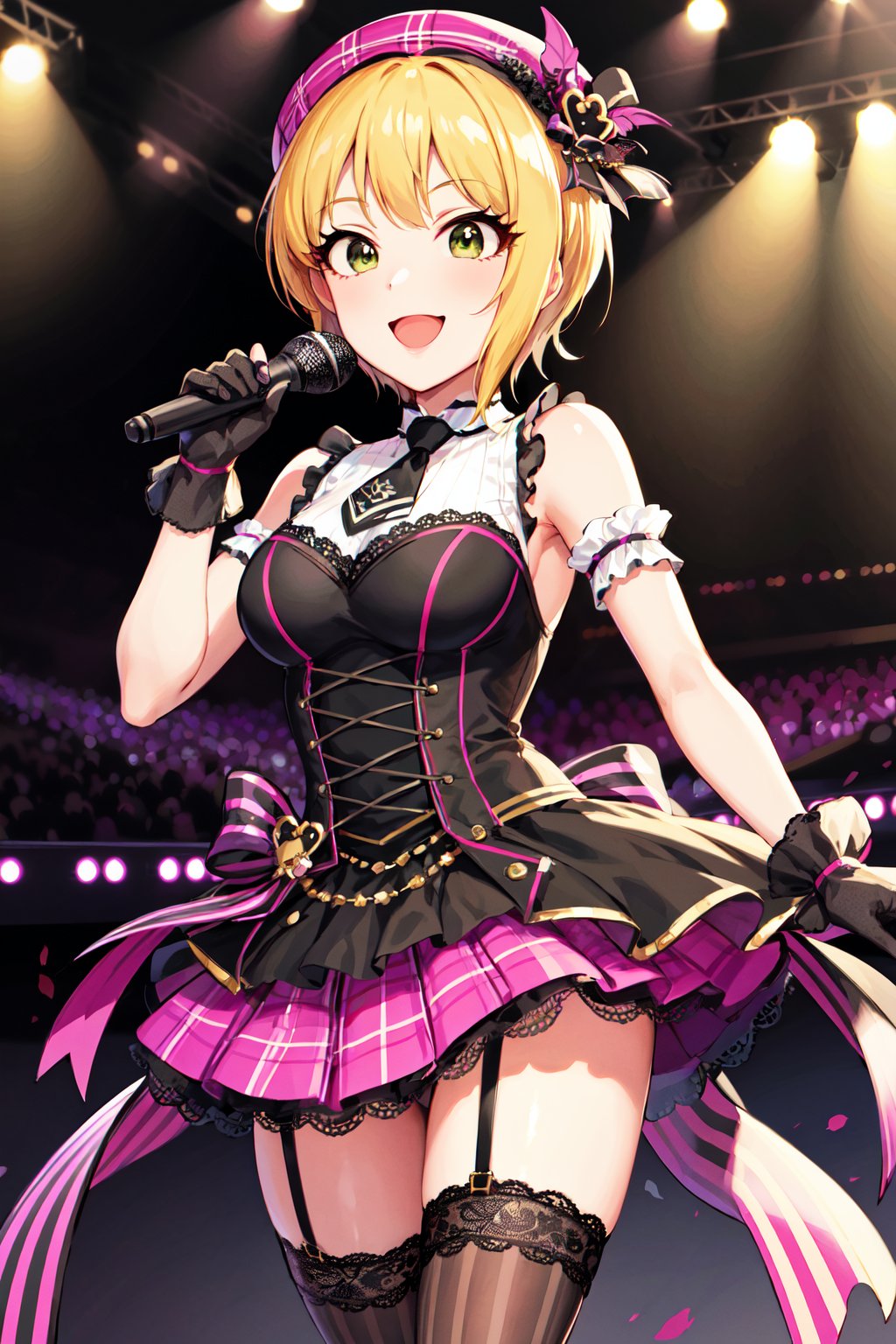 masterpiece, best quality, highres, hmfre, blonde hair, beret, purple headwear, plaid, black necktie, sleeveless dress, corset, arm strap, black gloves, black thighhighs, striped thighhighs, garter straps, idolmaster cinderella girls, <lora:miyamoto_frederica_v1:0.7>, stage, smile, open mouth, holding microphone, standing,