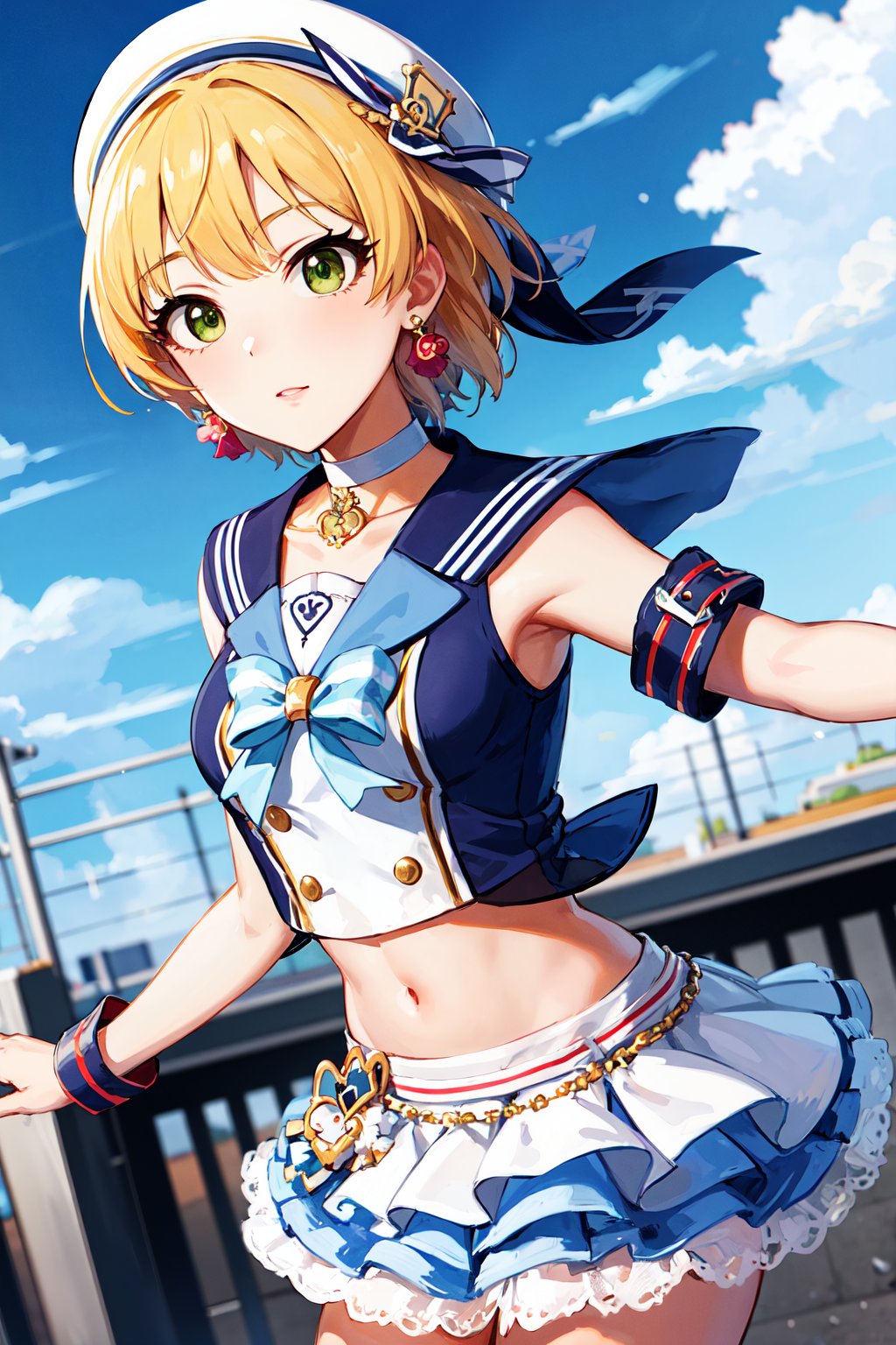 masterpiece, best quality, highres, hmfre, blonde hair, beret, white headwear, earrings, choker, sailor collar, shirt, white bow, sleeveless, wrist cuffs, midriff, white skirt, see-through, idolmaster cinderella girls, <lora:miyamoto_frederica_v1:0.7>, standing, cowboy shot, arms at sides, straight-on, blue sky, 