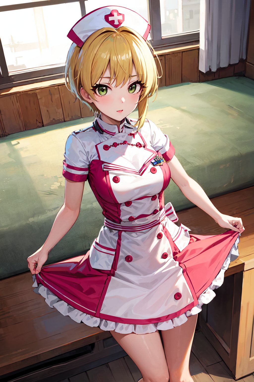 masterpiece, best quality, highres, hmfre, blonde hair, idolmaster cinderella girls, <lora:miyamoto_frederica_v1:0.7>, nurse cap, nurse, dress, standing, 