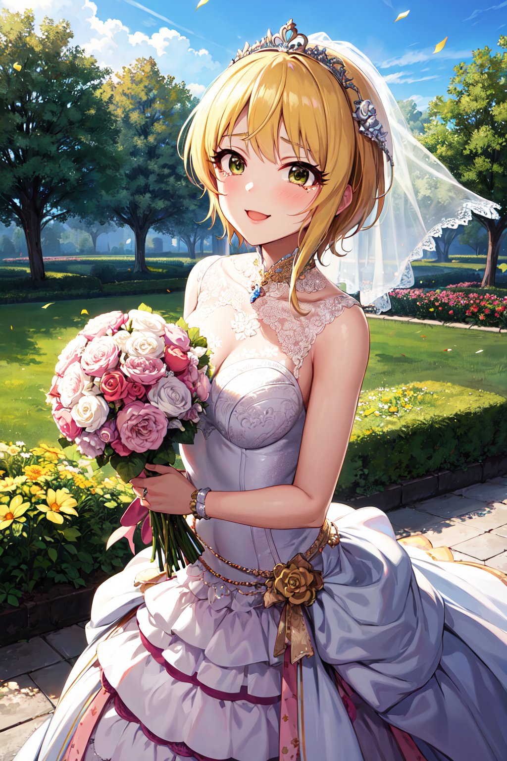 masterpiece, best quality, highres, hmfre, blonde hair, idolmaster cinderella girls, <lora:miyamoto_frederica_v1:0.7>, wedding dress, holding bouquet, garden, smile, tears, tiara, bridal veil, confetti, 