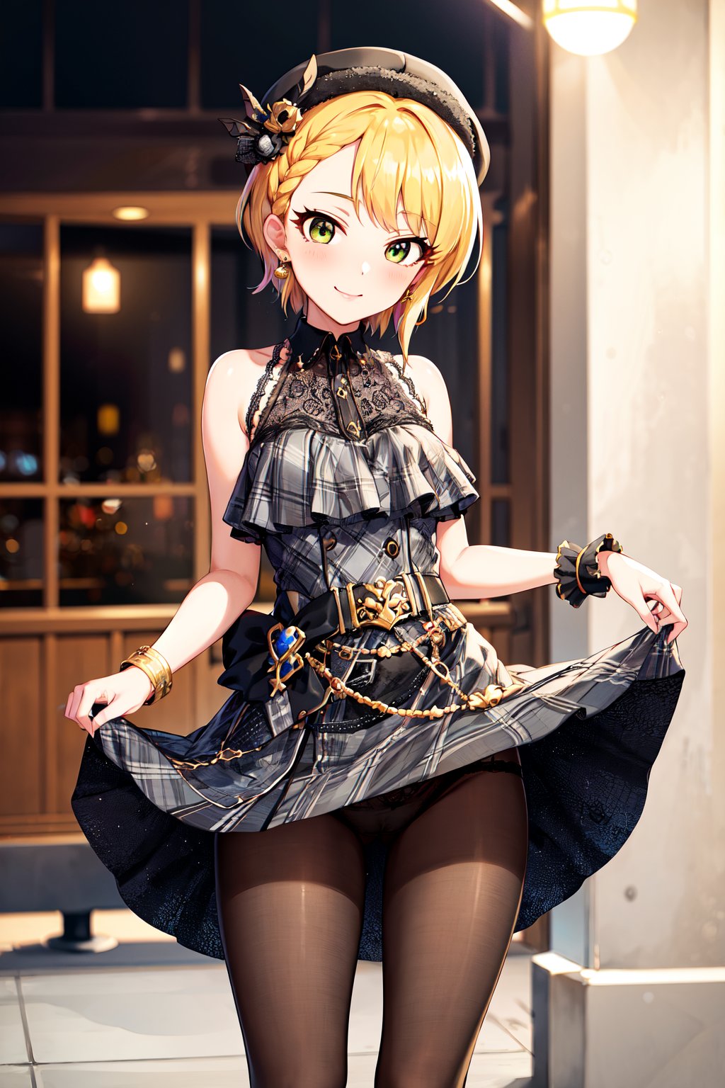 masterpiece, best quality, highres, hmfre, blonde hair, braid, beret, black headwear, earrings, armlet, plaid, bare shoulders, black bow, black dress, wrist cuffs, bracelet, belt, fishnet pantyhose, idolmaster cinderella girls, <lora:miyamoto_frederica_v1:0.7>, standing, (dress lift:1.3), panties under pantyhose, embarrassed, blush, smile