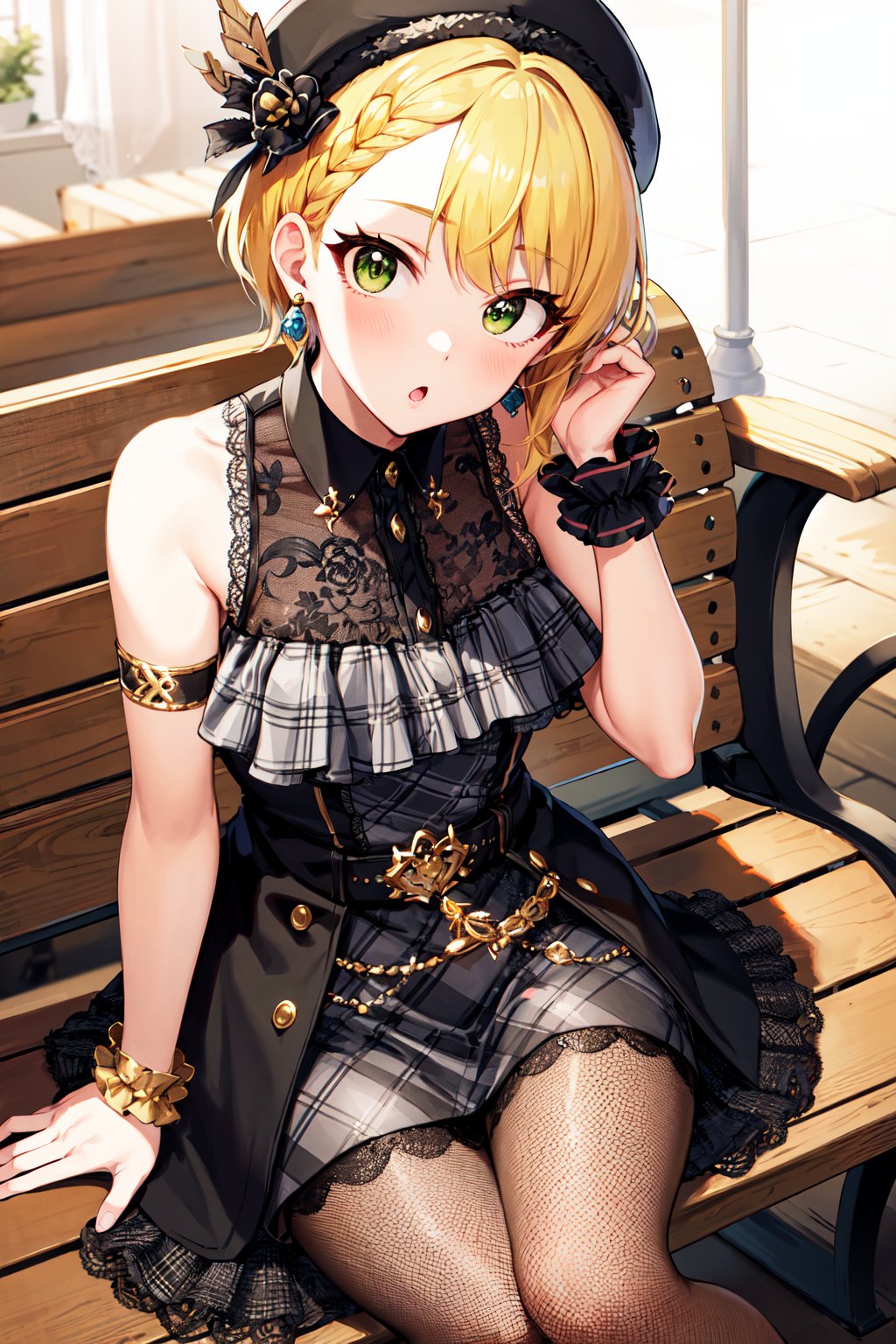 masterpiece, best quality, highres, hmfre, blonde hair, braid, beret, black headwear, earrings, armlet, plaid, bare shoulders, black bow, black dress, wrist cuffs, bracelet, belt, fishnet pantyhose, idolmaster cinderella girls, <lora:miyamoto_frederica_v1:0.7>, sitting, book, bench, :o