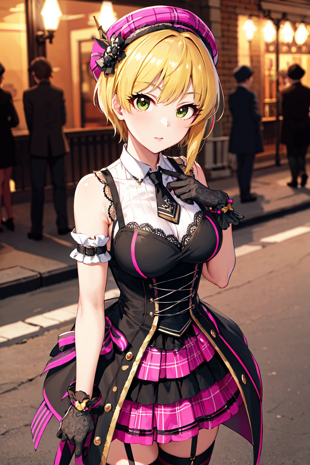 masterpiece, best quality, highres, hmfre, blonde hair, beret, purple headwear, plaid, black necktie, sleeveless dress, corset, arm strap, black gloves, black thighhighs, striped thighhighs, garter straps, idolmaster cinderella girls, <lora:miyamoto_frederica_v1:0.7>, outdoors, standing, cowboy shot, arms at sides, straight-on, paris, 