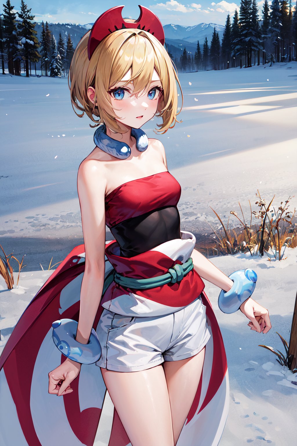 masterpiece, best quality, highres, aairida, short hair, red hairband, neck ring, collar, strapless shirt, red shirt, bracelet, sash, waist cape, white shorts, bare legs, <lora:irida_(pokemon)_v1:0.7>, standing, cowboy shot, outdoors, field, snow