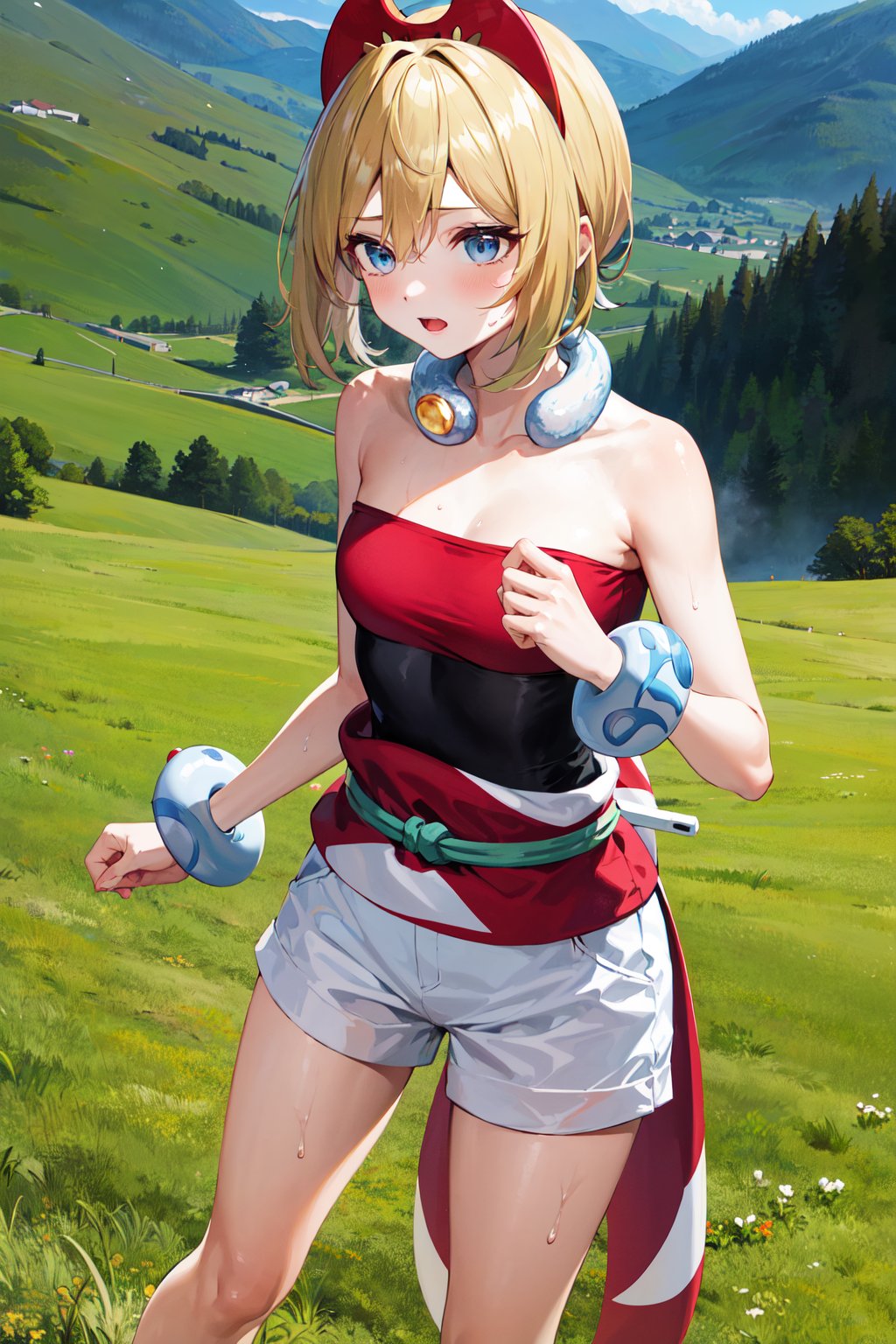 masterpiece, best quality, highres, aairida, short hair, red hairband, neck ring, collar, strapless shirt, red shirt, bracelet, sash, waist cape, white shorts, bare legs, <lora:irida_(pokemon)_v1:0.7>, standing, cowboy shot, outdoors, field, sweat, hand up, 