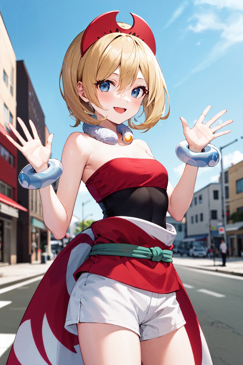 masterpiece, best quality, highres, aairida, short hair, red hairband, neck ring, collar, strapless shirt, red shirt, bracelet, sash, waist cape, white shorts, bare legs, <lora:irida_(pokemon)_v1:0.7>, waving, street, cowboy shot, smile,