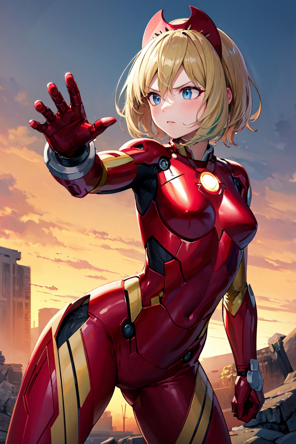 masterpiece, best quality, highres, aairida, short hair, red hairband, <lora:irida_(pokemon)_v1:0.7>, iron man, fighting stance, ruins, outdoors, serious, cowboy shot, bodysuit, open hand, 