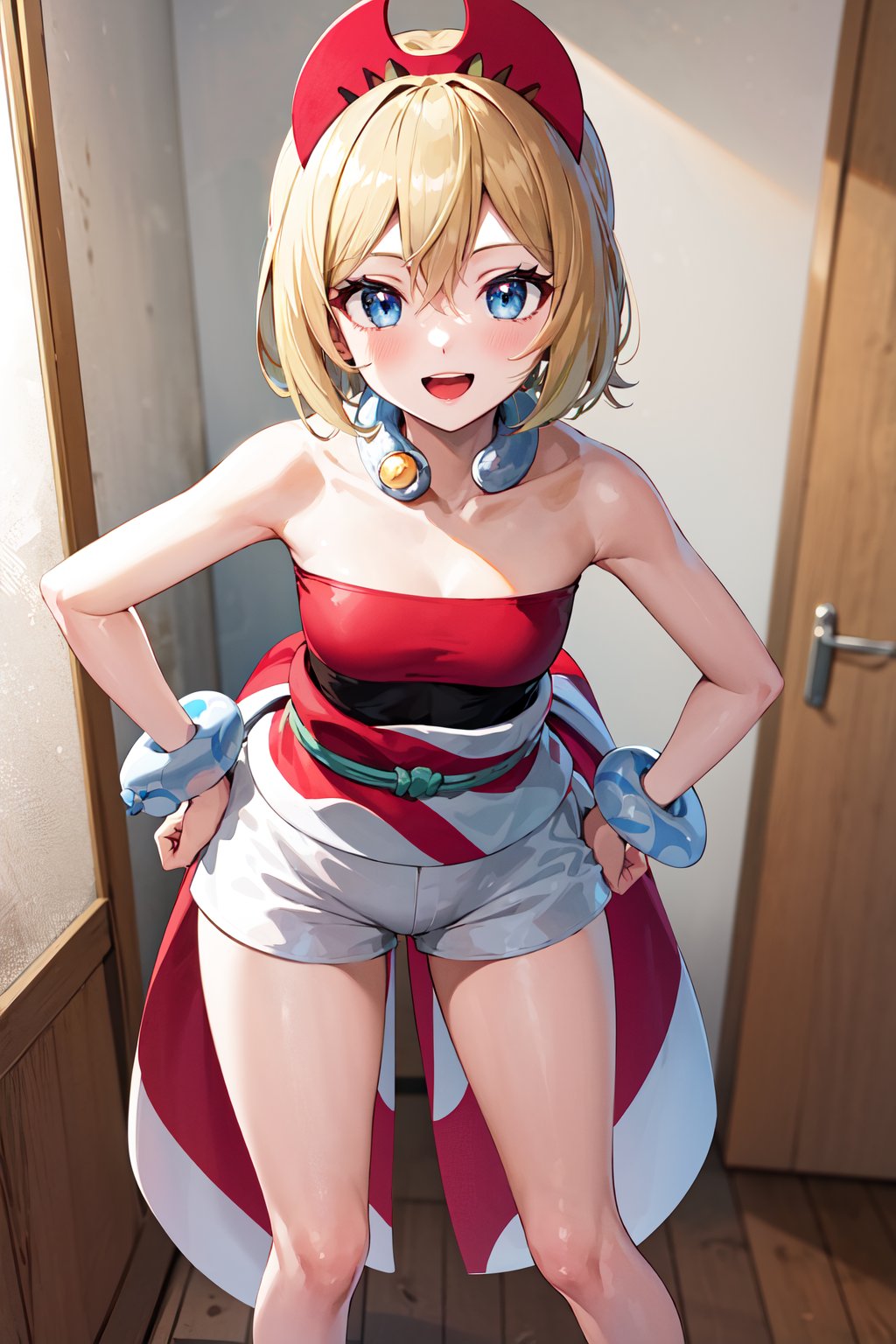 masterpiece, best quality, highres, aairida, short hair, red hairband, neck ring, collar, strapless shirt, red shirt, bracelet, sash, waist cape, white shorts, bare legs, <lora:irida_(pokemon)_v1:0.7>, hands on hips, smile, open mouth, indoors