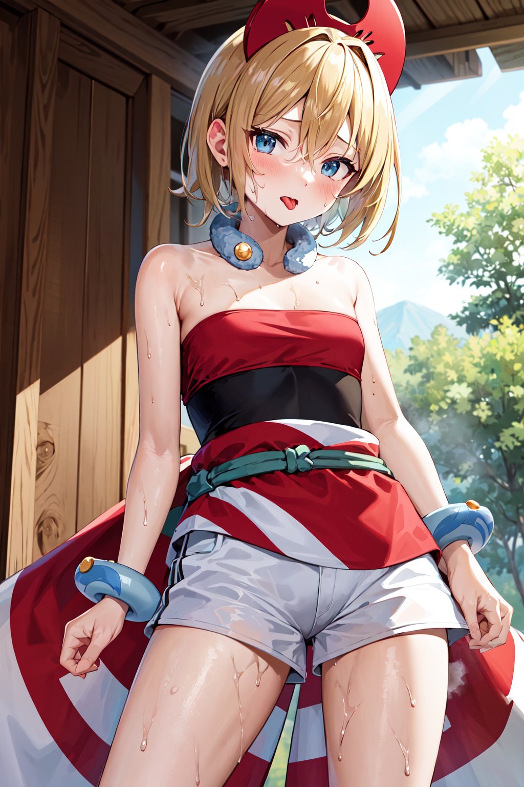 masterpiece, best quality, highres, aairida, short hair, red hairband, neck ring, collar, strapless shirt, red shirt, bracelet, sash, waist cape, white shorts, bare legs, <lora:irida_(pokemon)_v1:0.7>, tongue out, (sweat:1.3), steet, sunlight, 