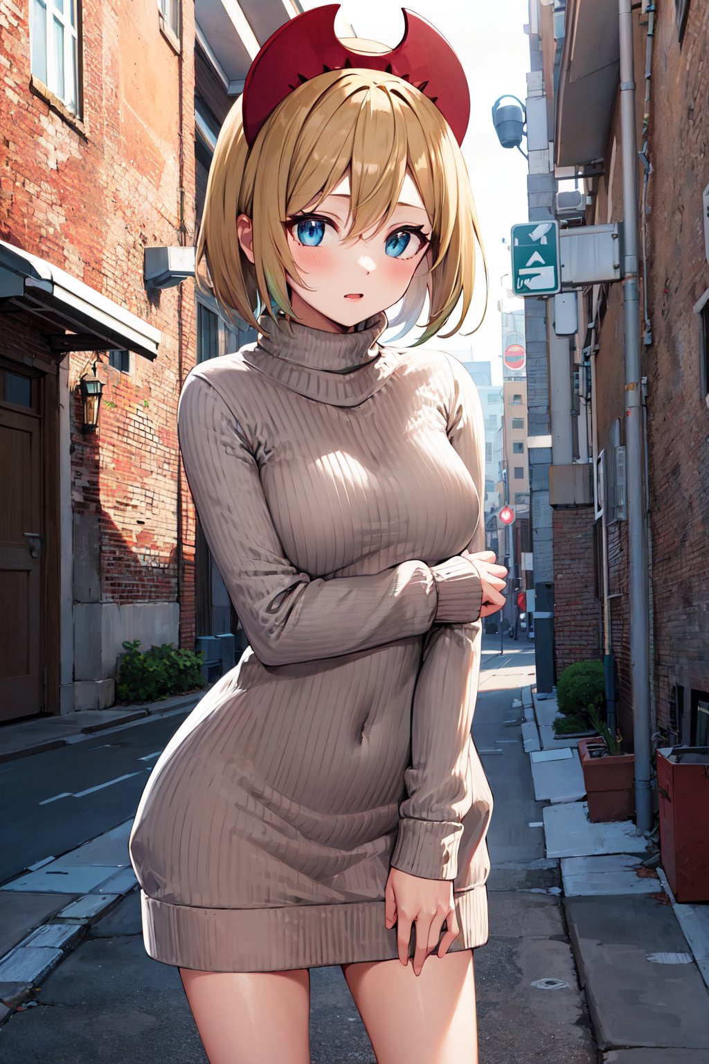 masterpiece, best quality, highres, aairida, short hair, red hairband, <lora:irida_(pokemon)_v1:0.7>, small breasts, long sleeves, sweater dress, turtleneck, virgin killer sweater, street, standing, 