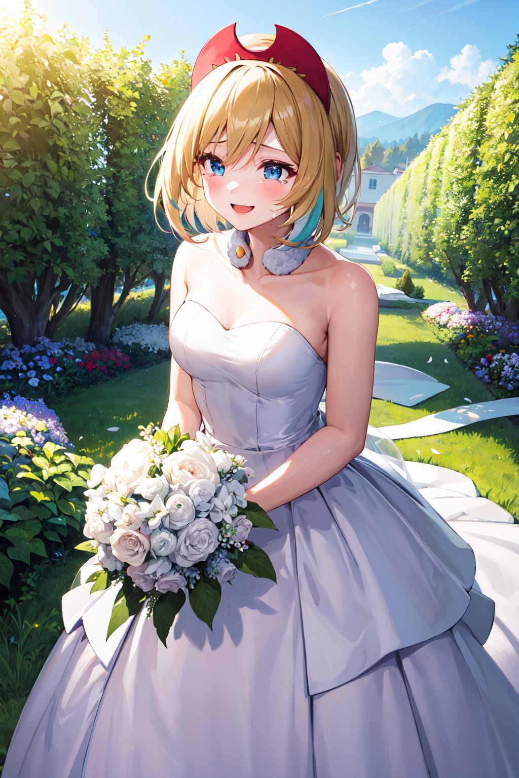 masterpiece, best quality, highres, aairida, short hair, red hairband, <lora:irida_(pokemon)_v1:0.7>, wedding dress, white dress, garden, smile, tears, standing, bouquet, confetti, white gloves, 