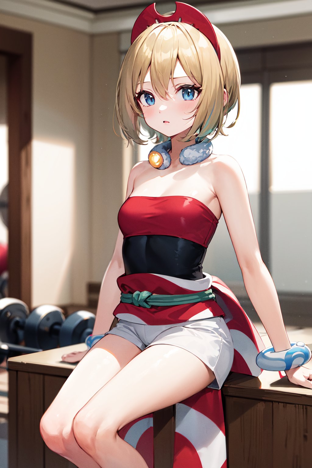 masterpiece, best quality, highres, aairida, short hair, red hairband, neck ring, collar, strapless shirt, red shirt, bracelet, sash, waist cape, white shorts, bare legs, <lora:irida_(pokemon)_v1:0.7>, gym, sitting,