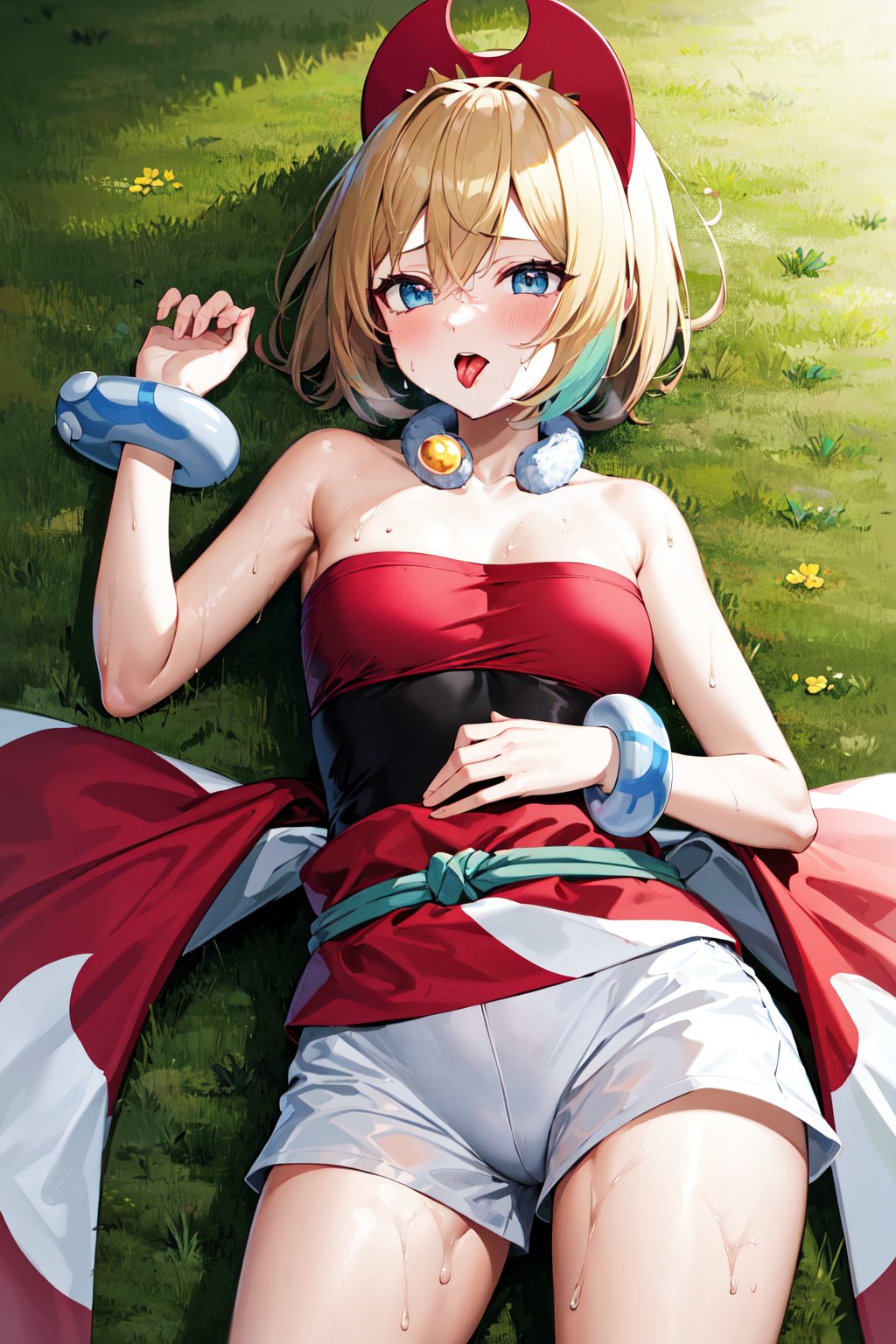 masterpiece, best quality, highres, aairida, short hair, red hairband, neck ring, collar, strapless shirt, red shirt, bracelet, sash, waist cape, white shorts, bare legs, <lora:irida_(pokemon)_v1:0.7>, tongue out, (sweat:1.3), steet, sunlight, lying, spread arms,