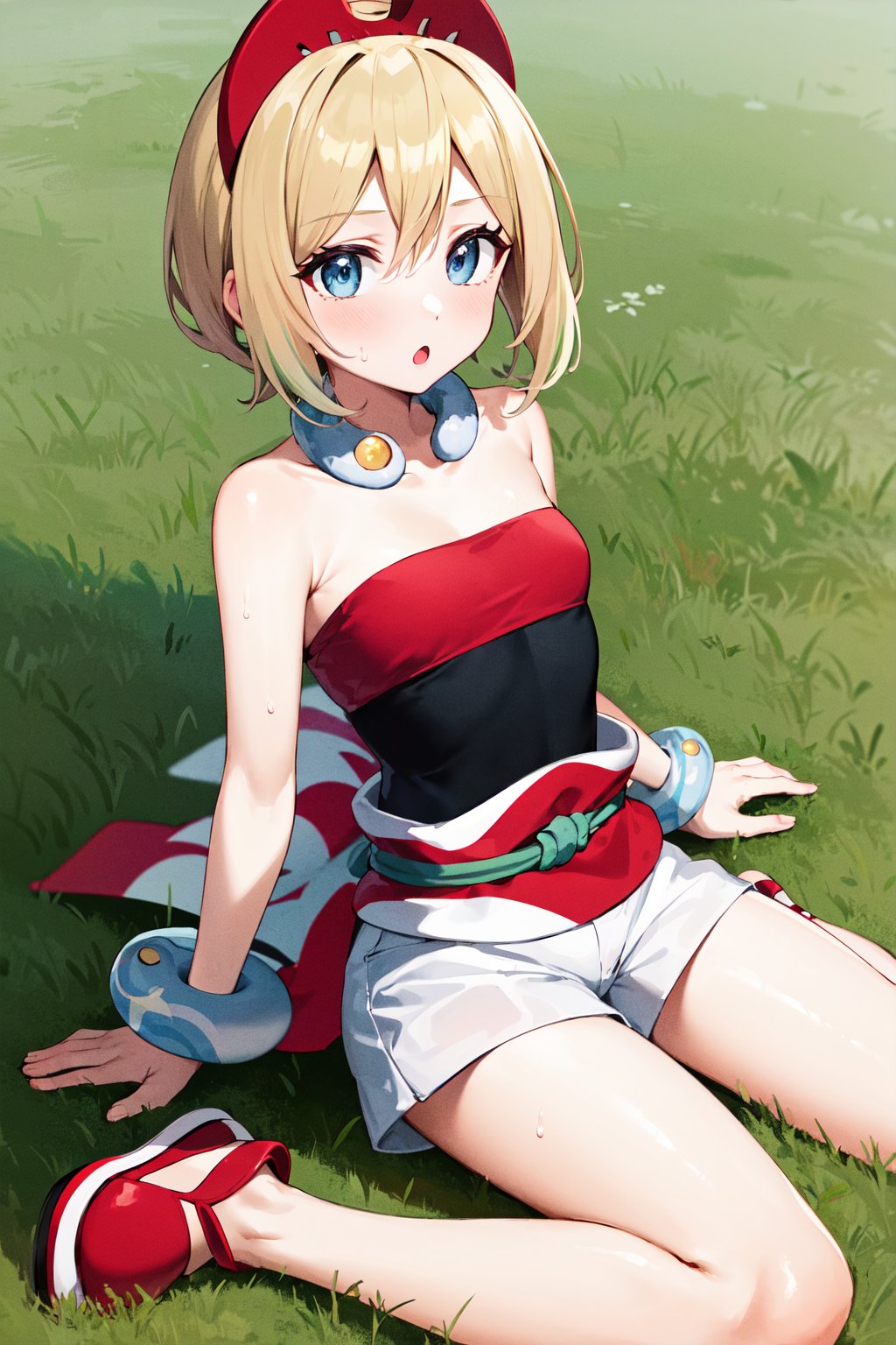 masterpiece, best quality, highres, aairida, short hair, red hairband, neck ring, collar, strapless shirt, red shirt, bracelet, sash, waist cape, white shorts, bare legs, <lora:irida_(pokemon)_v1:0.7>, wariza, grass, sweat, :o, red footwear, 