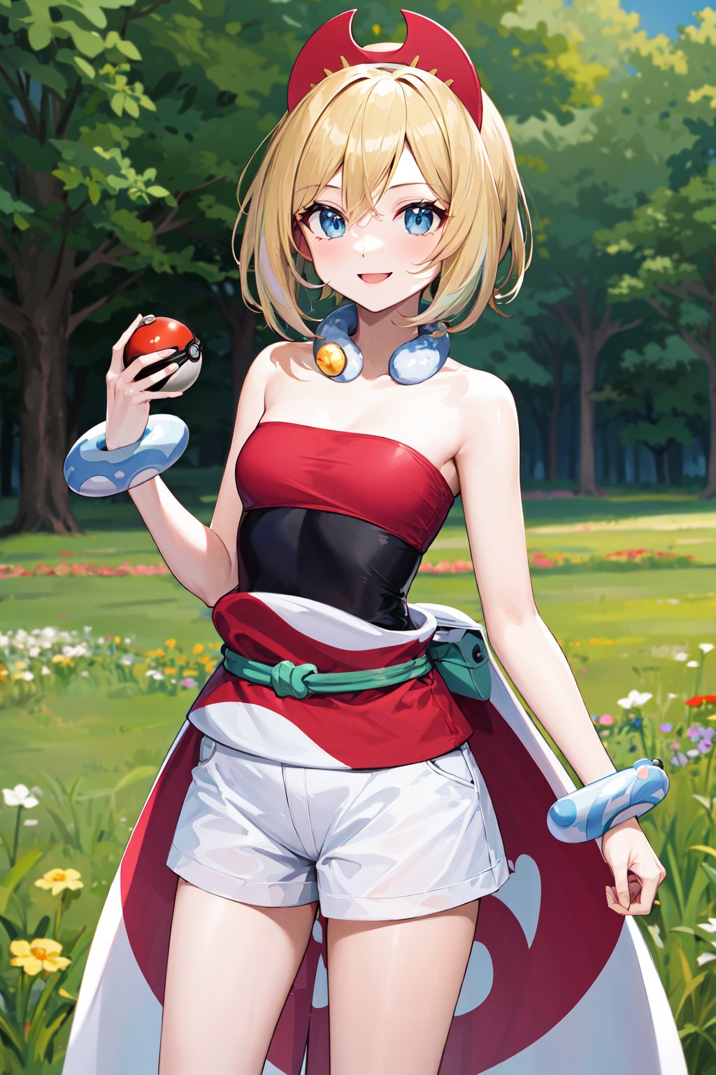 masterpiece, best quality, highres, aairida, short hair, red hairband, neck ring, collar, strapless shirt, red shirt, bracelet, sash, waist cape, white shorts, bare legs, <lora:irida_(pokemon)_v1:0.7>, standing, cowboy shot, outdoors, field, holding poke ball, poke ball, smile,