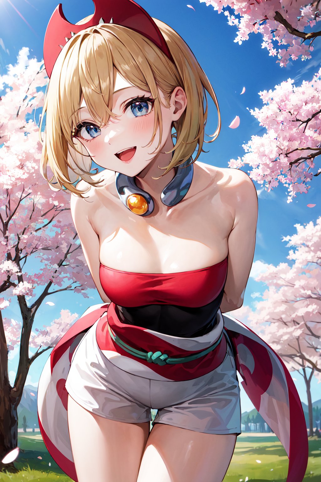 masterpiece, best quality, highres, aairida, short hair, red hairband, neck ring, collar, strapless shirt, red shirt, bracelet, sash, waist cape, white shorts, bare legs, <lora:irida_(pokemon)_v1:0.7>, outdoors, cherry blossoms, arms behind back, leaning forward, smile, open mouth, cowboy shot