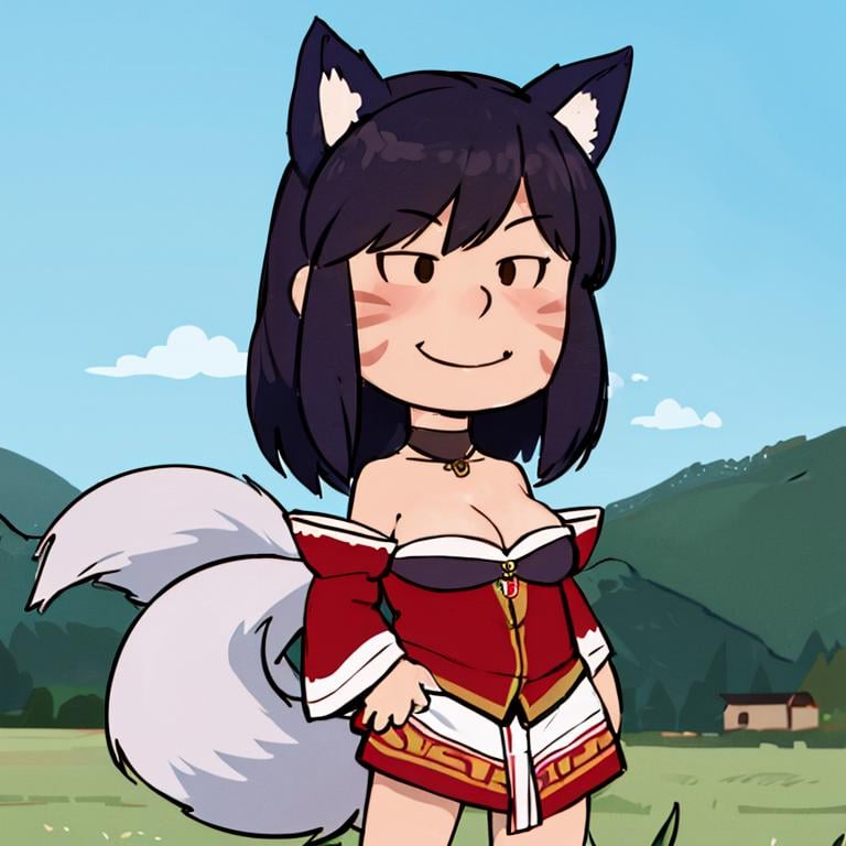 <lora:Charles_Schulz_Style_Dim32:0.8>, chibi, style parody, ((masterpiece,best quality)), absurdres, ah1, solo,  facial mark, multiple tails, fox tails, korean clothes, cleavage, bare shoulders, detached sleeves, <lora:ahri_v10:0.7>, outdoors, standing, cowboy shot, smile, contrapposto