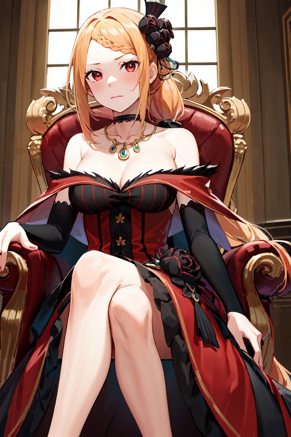 masterpiece, best quality, highres, hmpris, long hair, braided bangs, low ponytail, hair ornament, choker, collarbone, necklace, cleavage, bare shoulders, red dress, detached sleeves, black sleeves, <lora:priscilla_barielle_v1:0.7>, sitting, throne, indoors, crossed legs, red footwear, bare legs, 