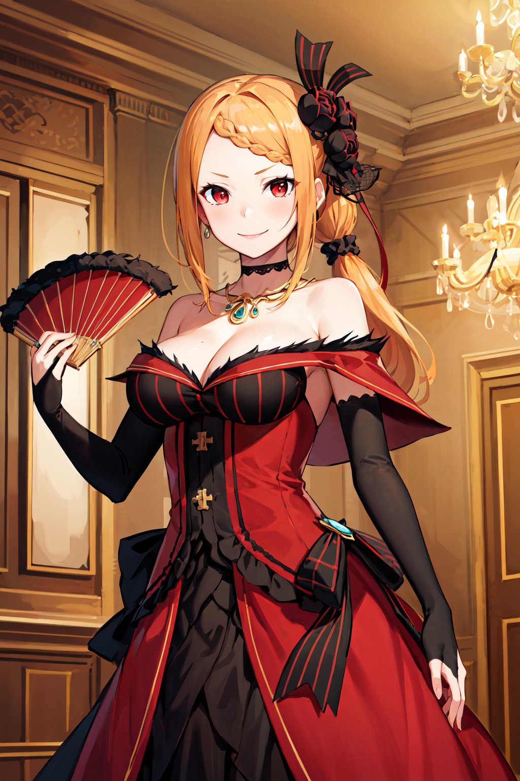 masterpiece, best quality, highres, hmpris, long hair, braided bangs, low ponytail, hair ornament, choker, collarbone, necklace, cleavage, bare shoulders, red dress, detached sleeves, black sleeves, <lora:priscilla_barielle_v1:0.7>, cowboy shot, looking at viewer, indoors, chandelier, holding fan, smile, standing, fan