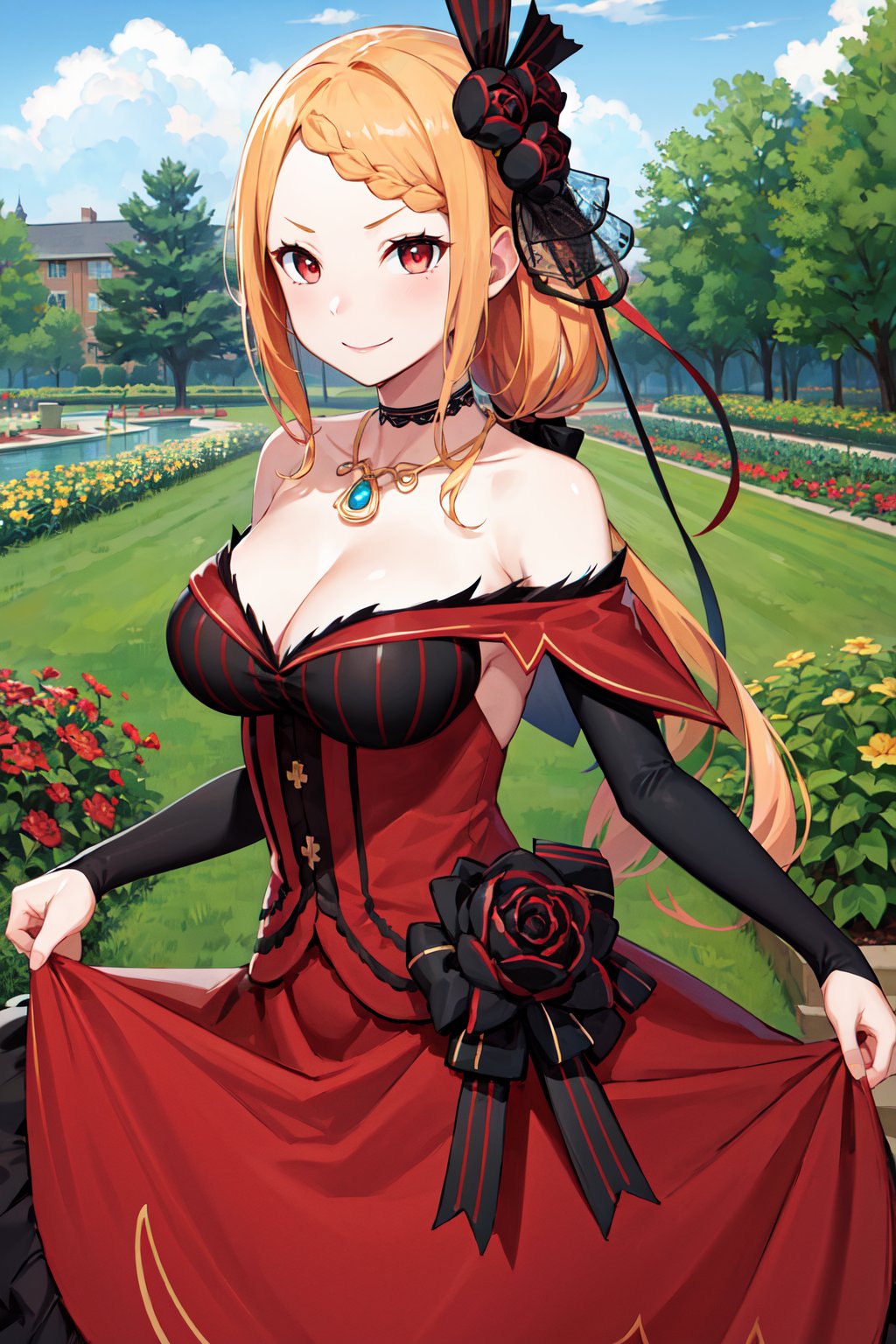 masterpiece, best quality, highres, hmpris, long hair, braided bangs, low ponytail, hair ornament, choker, collarbone, necklace, cleavage, bare shoulders, red dress, detached sleeves, black sleeves, <lora:priscilla_barielle_v1:0.7>, outdoors, skirt hold, smile, garden