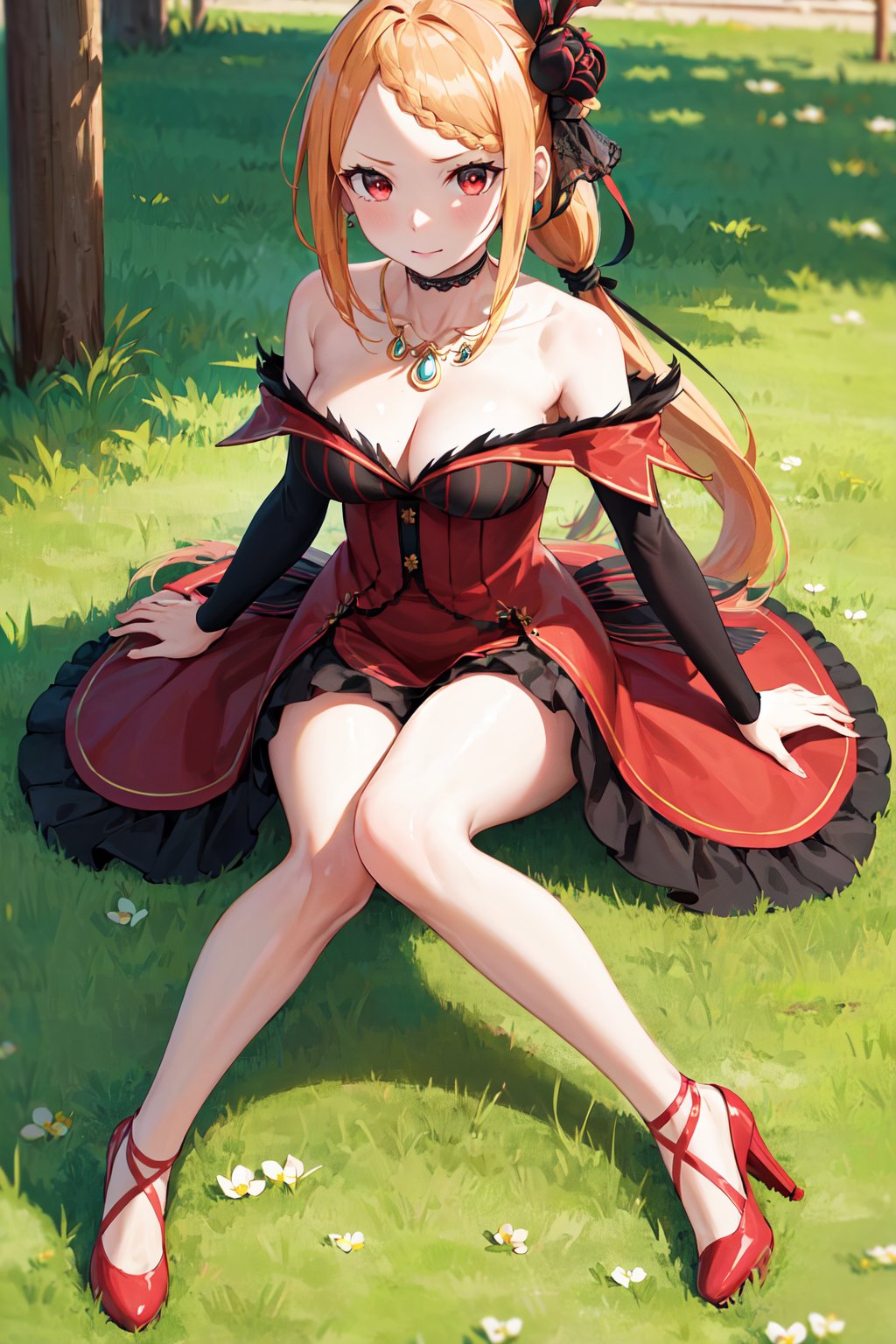 masterpiece, best quality, highres, hmpris, long hair, braided bangs, low ponytail, hair ornament, choker, collarbone, necklace, cleavage, bare shoulders, red dress, detached sleeves, black sleeves, <lora:priscilla_barielle_v1:0.7>, sitting, wariza, high heels, bare legs, red footwear, outdoors