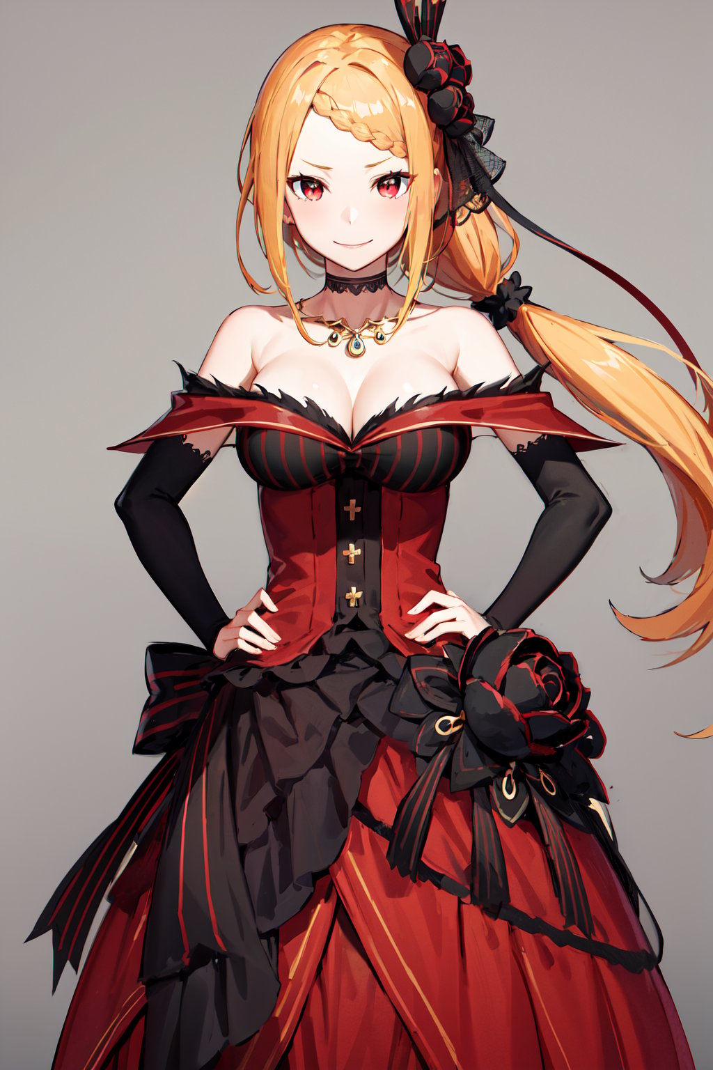 masterpiece, best quality, highres, hmpris, long hair, braided bangs, low ponytail, hair ornament, choker, collarbone, necklace, cleavage, bare shoulders, red dress, detached sleeves, black sleeves, <lora:priscilla_barielle_v1:0.7>, hand on hip, smile, cowboy shot,