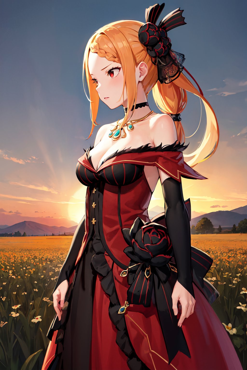 masterpiece, best quality, highres, hmpris, long hair, braided bangs, low ponytail, hair ornament, choker, collarbone, necklace, cleavage, bare shoulders, red dress, detached sleeves, black sleeves, <lora:priscilla_barielle_v1:0.7>, sunset, field, standing, from side,