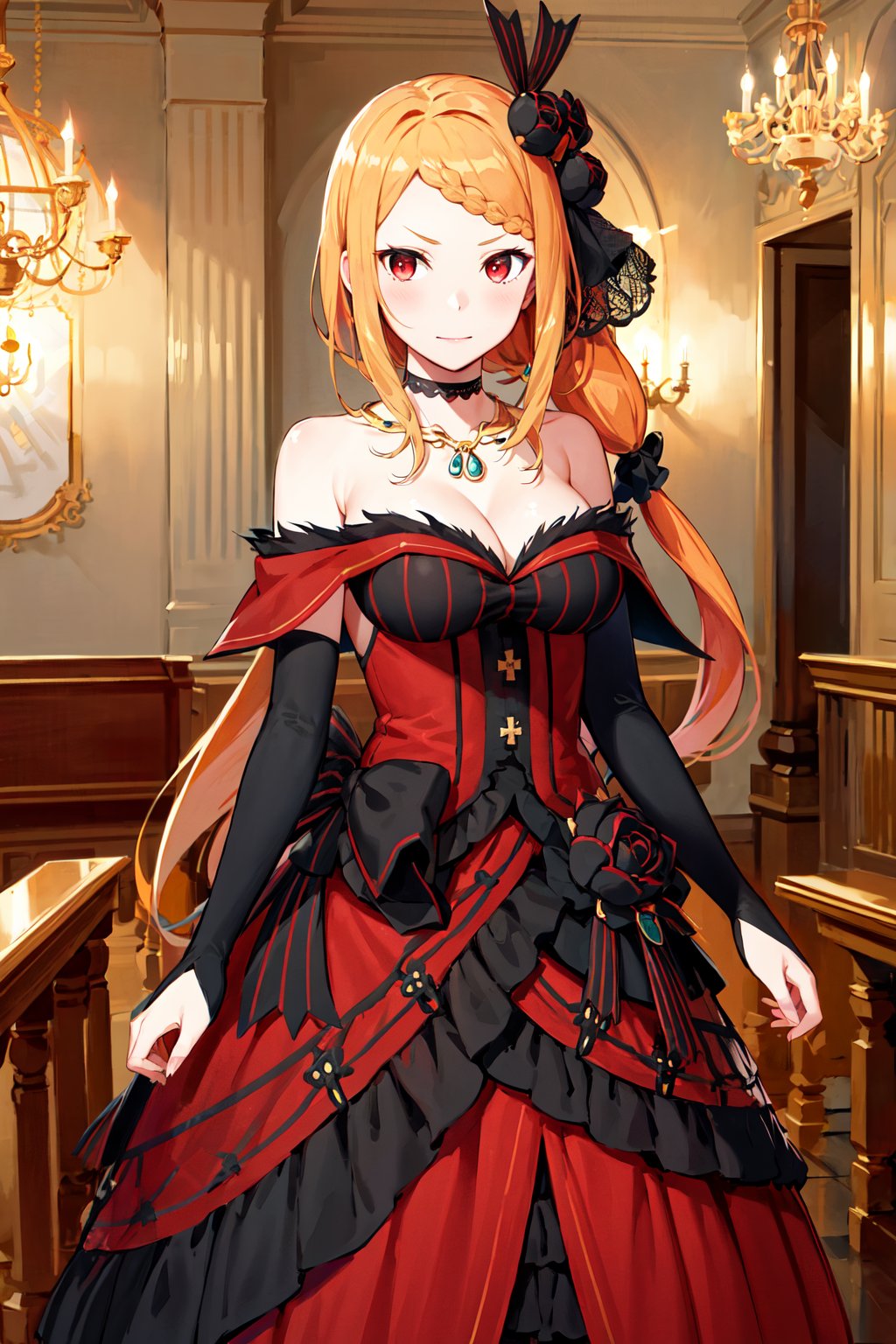 masterpiece, best quality, highres, hmpris, long hair, braided bangs, low ponytail, hair ornament, choker, collarbone, necklace, cleavage, bare shoulders, red dress, detached sleeves, black sleeves, <lora:priscilla_barielle_v1:0.7>, standing, cowboy shot, looking at viewer, indoors, chandelier,