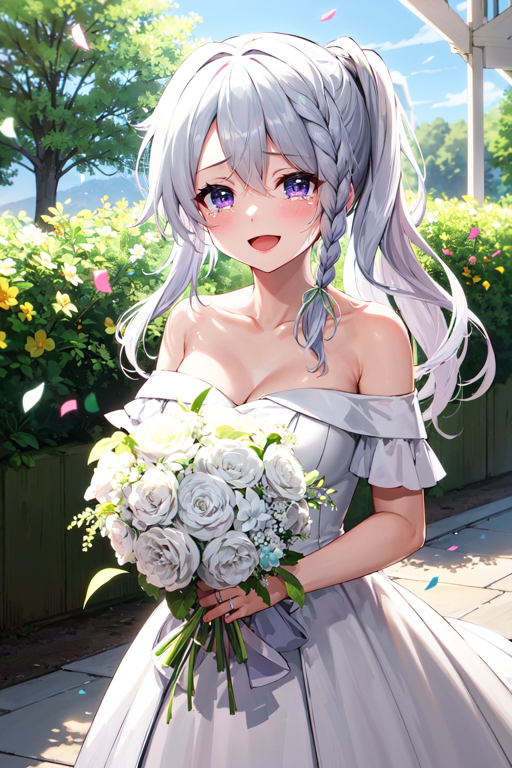 masterpiece, best quality, highres, aasora, braid, long hair, side ponytail, hair ribbon, <lora:niimi_sora_v1:0.75>, (wedding dress:1.1), off shoulder, white dress, garden, smile, open mouth, tears, bouquet, confetti, 