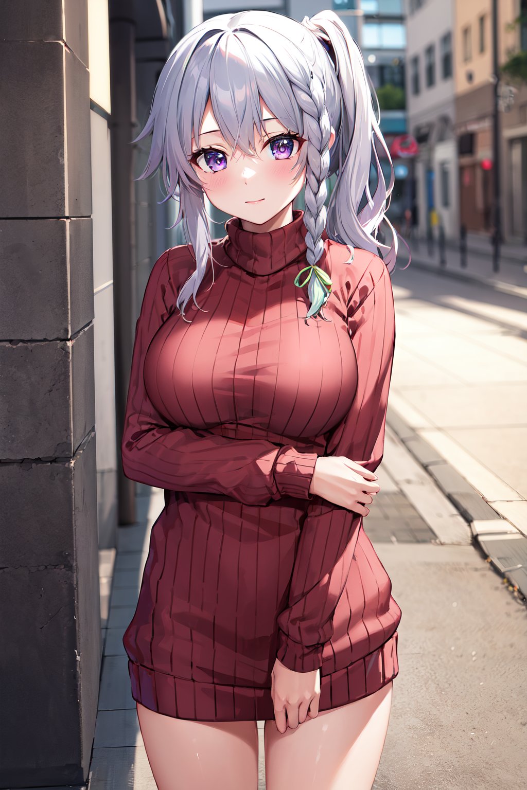 masterpiece, best quality, highres, aasora, braid, long hair, side ponytail, hair ribbon, <lora:niimi_sora_v1:0.75>, (sweater dress:1.1), virgin killer sweater, ribbed sweater, turtleneck, street, standing, cowboy shot