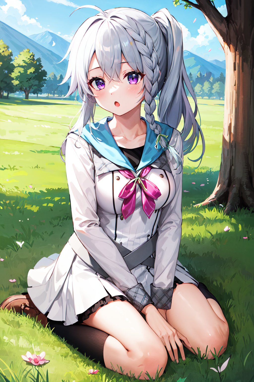 masterpiece, best quality, highres, aasora, braid, long hair, side ponytail, hair ribbon, school uniform, sailor collar, pink bow, white shirt, long sleeves, belt, white skirt, <lora:niimi_sora_v1:0.75>, wariza,:o, grass, petals, outdoors