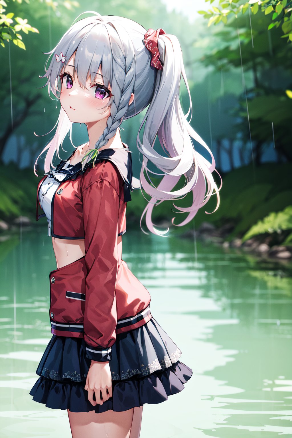 masterpiece, best quality, highres, aasora, braid, long hair, side ponytail, hair ribbon, hair ornament, collarbone, crop top, frills, red jacket, long sleeves, blue skirt, <lora:niimi_sora_v1:0.75>, from side, forest, water, rain, wet, partially submerged, standing