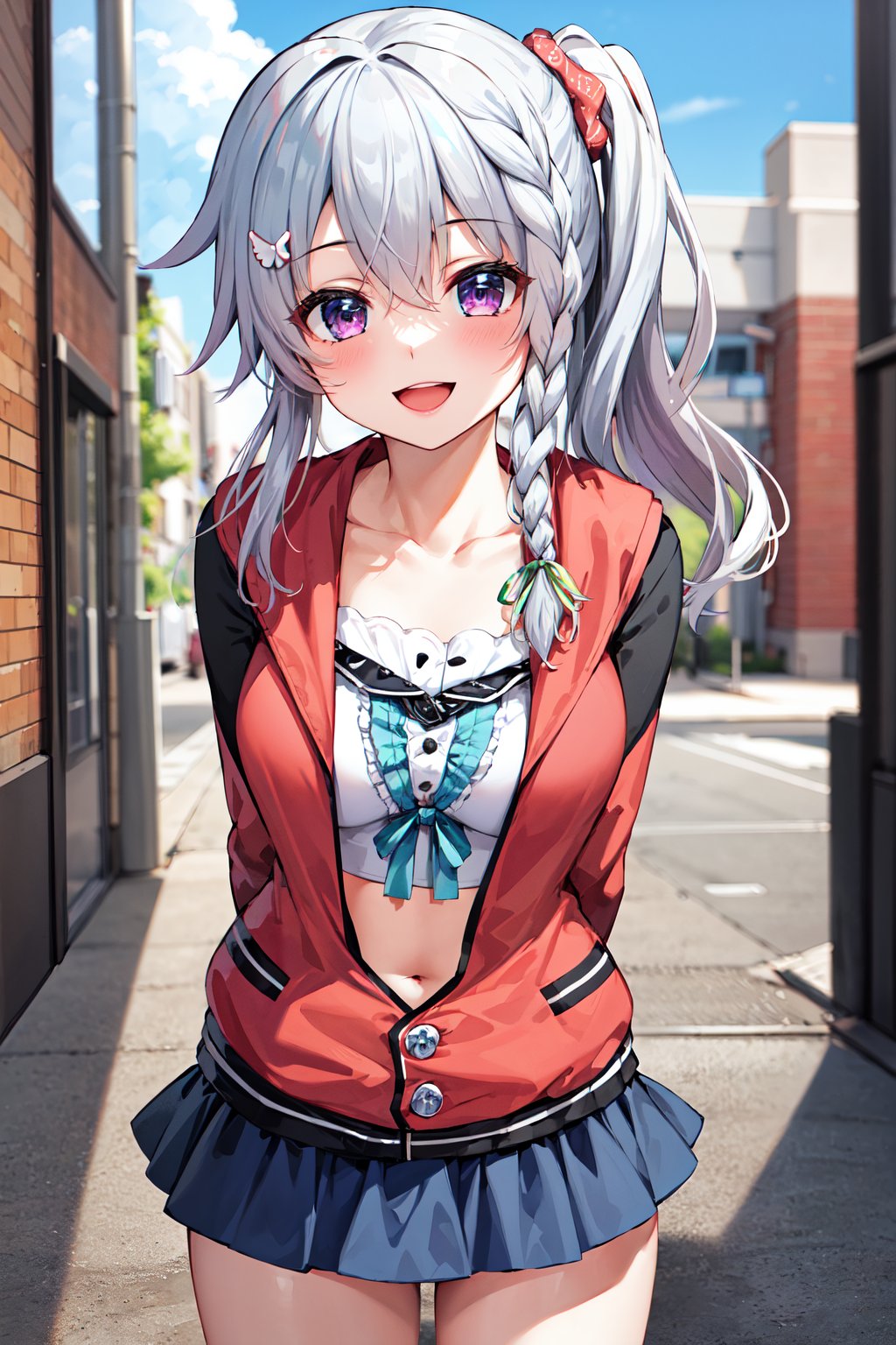 masterpiece, best quality, highres, aasora, braid, long hair, side ponytail, hair ribbon, hair ornament, collarbone, crop top, frills, red jacket, long sleeves, blue skirt, <lora:niimi_sora_v1:0.75>, smile, open mouth, arms behind back, leaning forward, cowboy shot