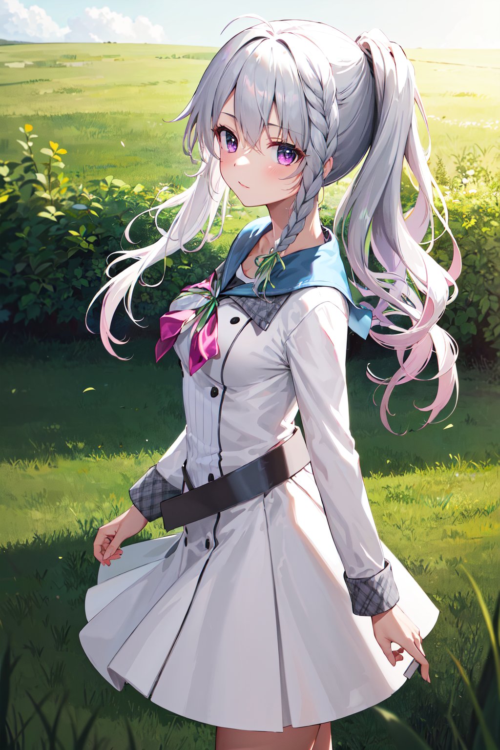 masterpiece, best quality, highres, aasora, braid, long hair, side ponytail, hair ribbon, school uniform, sailor collar, pink bow, white shirt, long sleeves, belt, white skirt, <lora:niimi_sora_v1:0.75>, standing, grass, outdoors, from side,