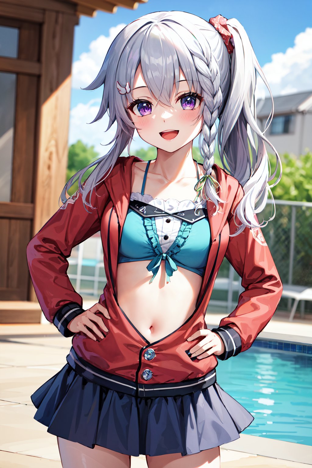 masterpiece, best quality, highres, aasora, braid, long hair, side ponytail, hair ribbon, hair ornament, collarbone, crop top, frills, red jacket, long sleeves, blue skirt, <lora:niimi_sora_v1:0.75>, smile, open mouth, cowboy shot, hands on hips, poolside,