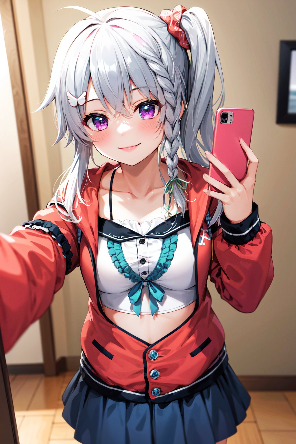 masterpiece, best quality, highres, aasora, braid, long hair, side ponytail, hair ribbon, hair ornament, collarbone, crop top, frills, red jacket, long sleeves, blue skirt, <lora:niimi_sora_v1:0.75>, smile, holding phone, mirror, room, smile, selfie, cowboy shot,