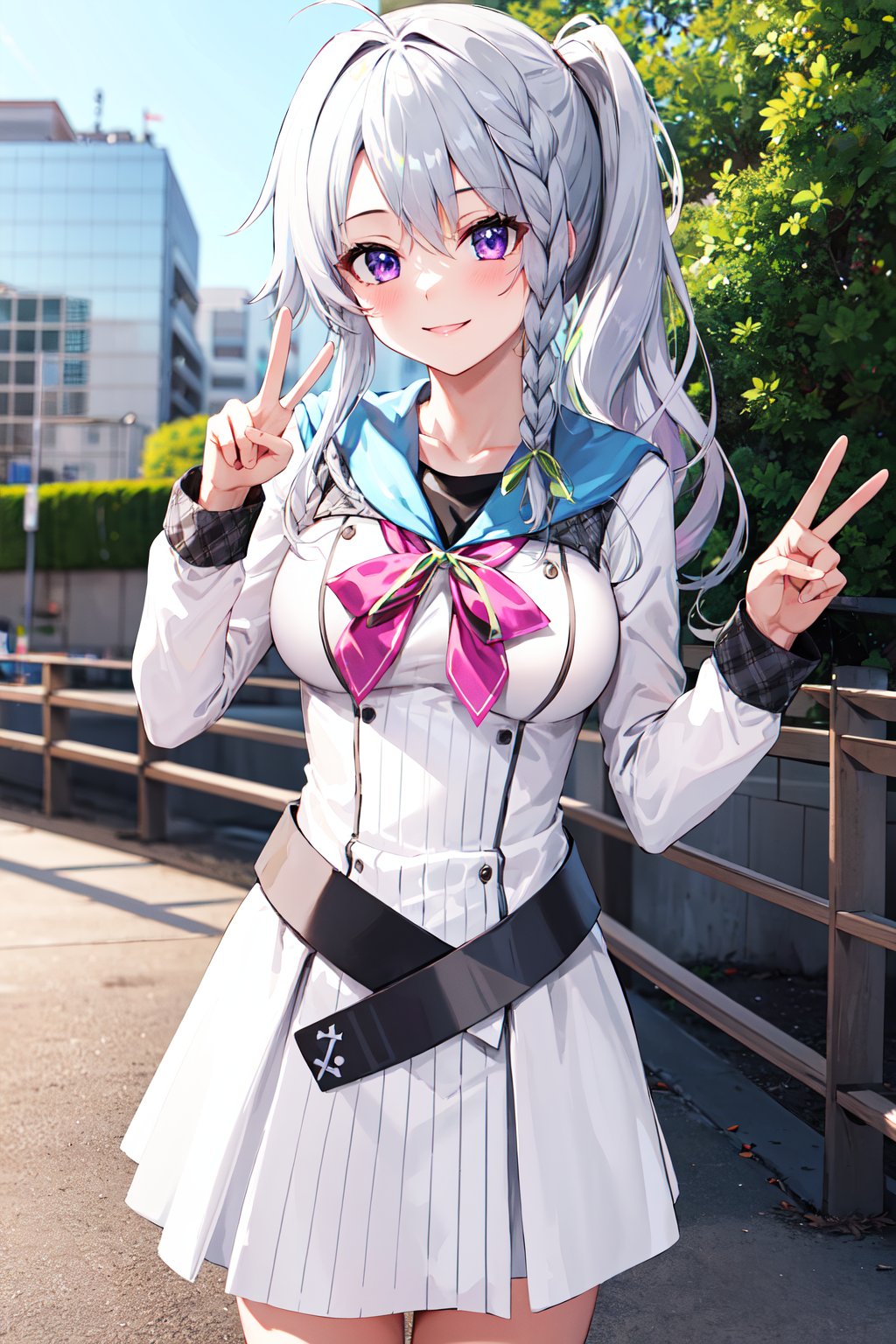 masterpiece, best quality, highres, aasora, braid, long hair, side ponytail, hair ribbon, school uniform, sailor collar, pink bow, white shirt, long sleeves, belt, white skirt, <lora:niimi_sora_v1:0.75>, cowboy shot, standing, smile, outdoors, peace sign,