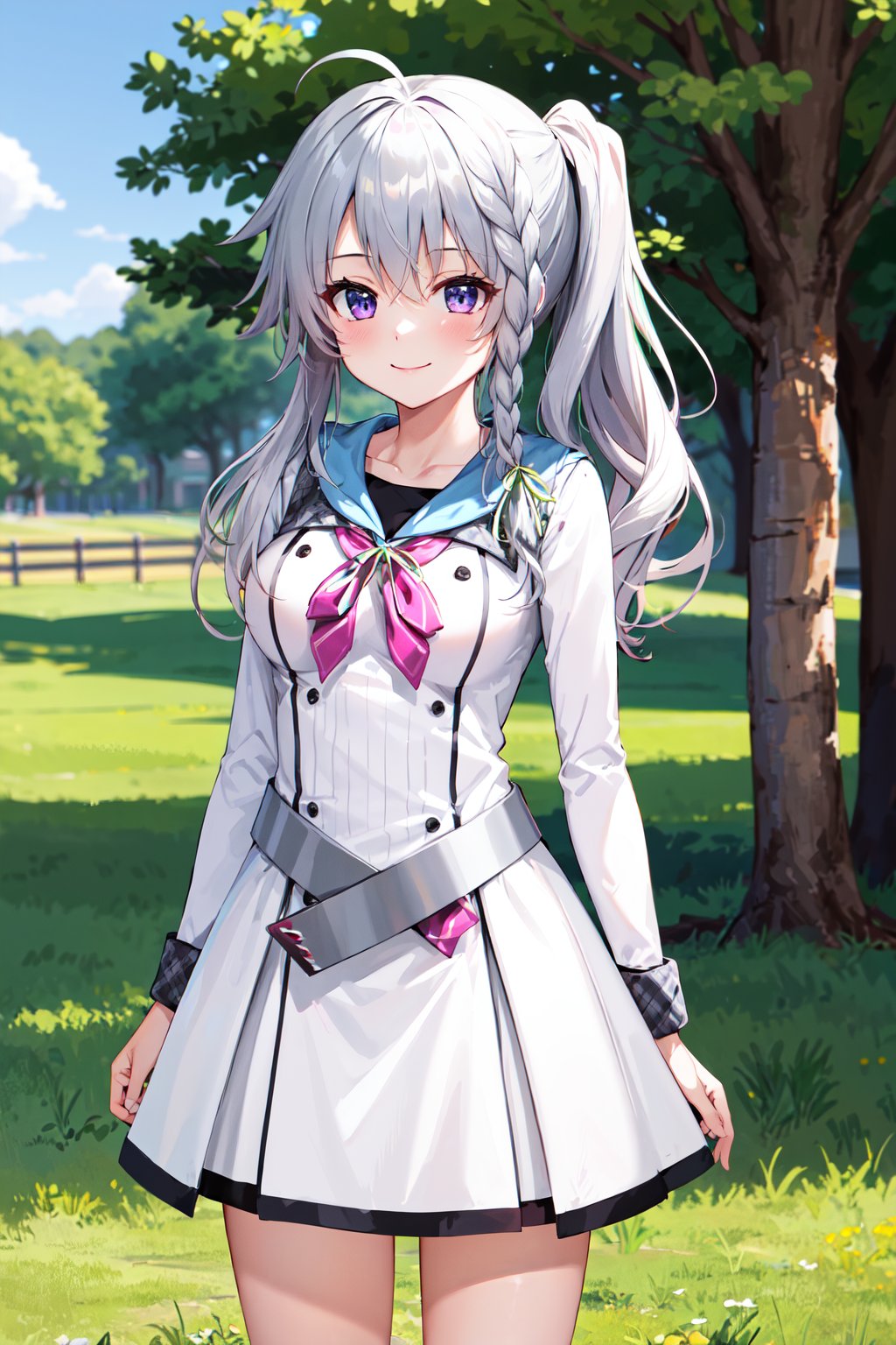 masterpiece, best quality, highres, aasora, braid, long hair, side ponytail, hair ribbon, school uniform, sailor collar, pink bow, white shirt, long sleeves, belt, white skirt, <lora:niimi_sora_v1:0.75>, cowboy shot, standing, smile, outdoors, arms at sides, straight-on,