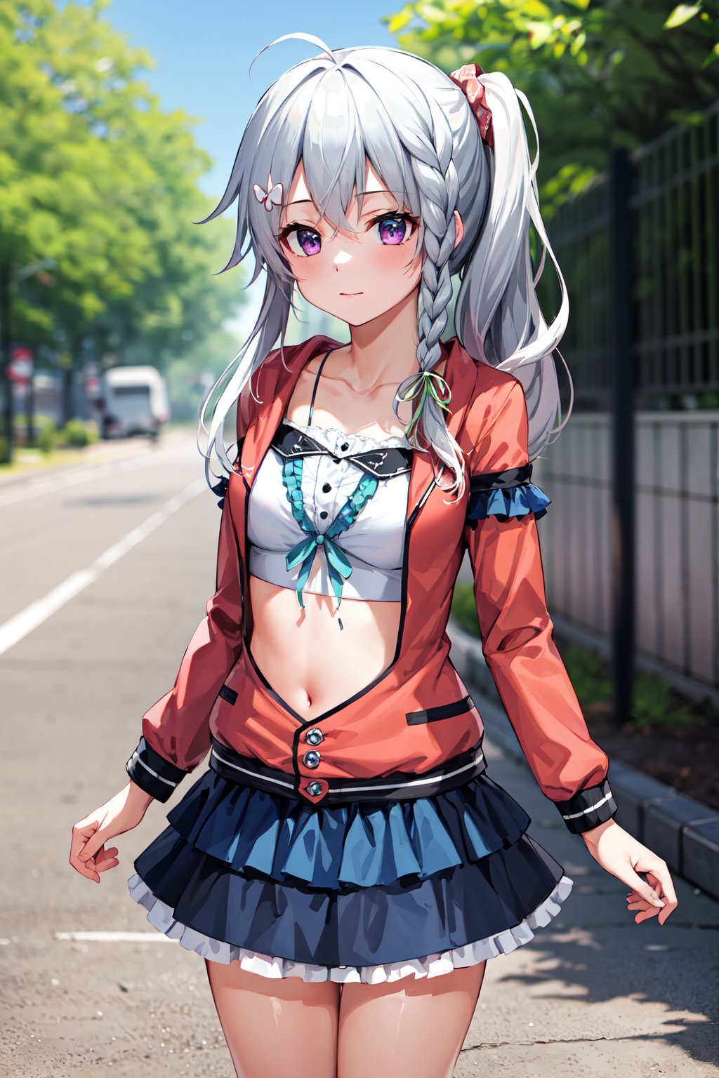 masterpiece, best quality, highres, aasora, braid, long hair, side ponytail, hair ribbon, hair ornament, collarbone, crop top, frills, red jacket, long sleeves, blue skirt, <lora:niimi_sora_v1:0.75>, outdoors, standing, cowboy shot, straight-on, arms at sides,