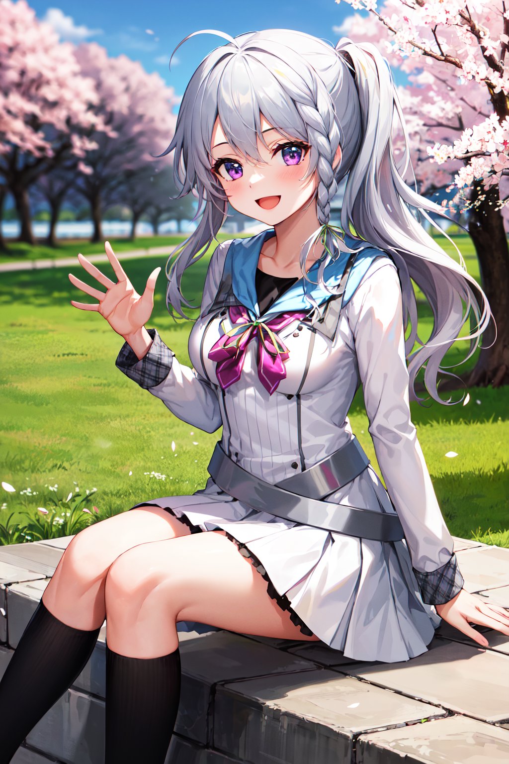 masterpiece, best quality, highres, aasora, braid, long hair, side ponytail, hair ribbon, school uniform, sailor collar, pink bow, white shirt, long sleeves, belt, white skirt, <lora:niimi_sora_v1:0.75>, sitting, waving, cherry blossoms, outdoors, smile, open mouth,