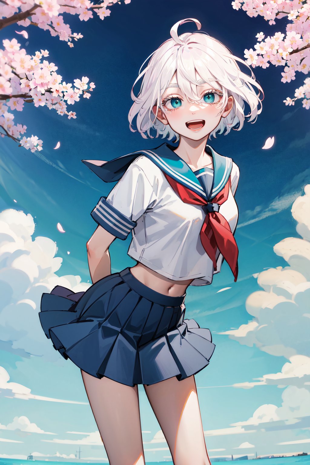 masterpiece, best quality, highres, 1girl, solo, short hair, white hair, floating hair, ahoge, hair between eyes, colored eyelashes, aqua eyes, serafuku, sailor collar, red neckerchief, shirt, short sleeves, midriff, pleated skirt, blue skirt, <lora:kawaragi_senju_v1:0.7>, arms behind back, leaning forward, smile, cherry blossoms, open mouth, standing