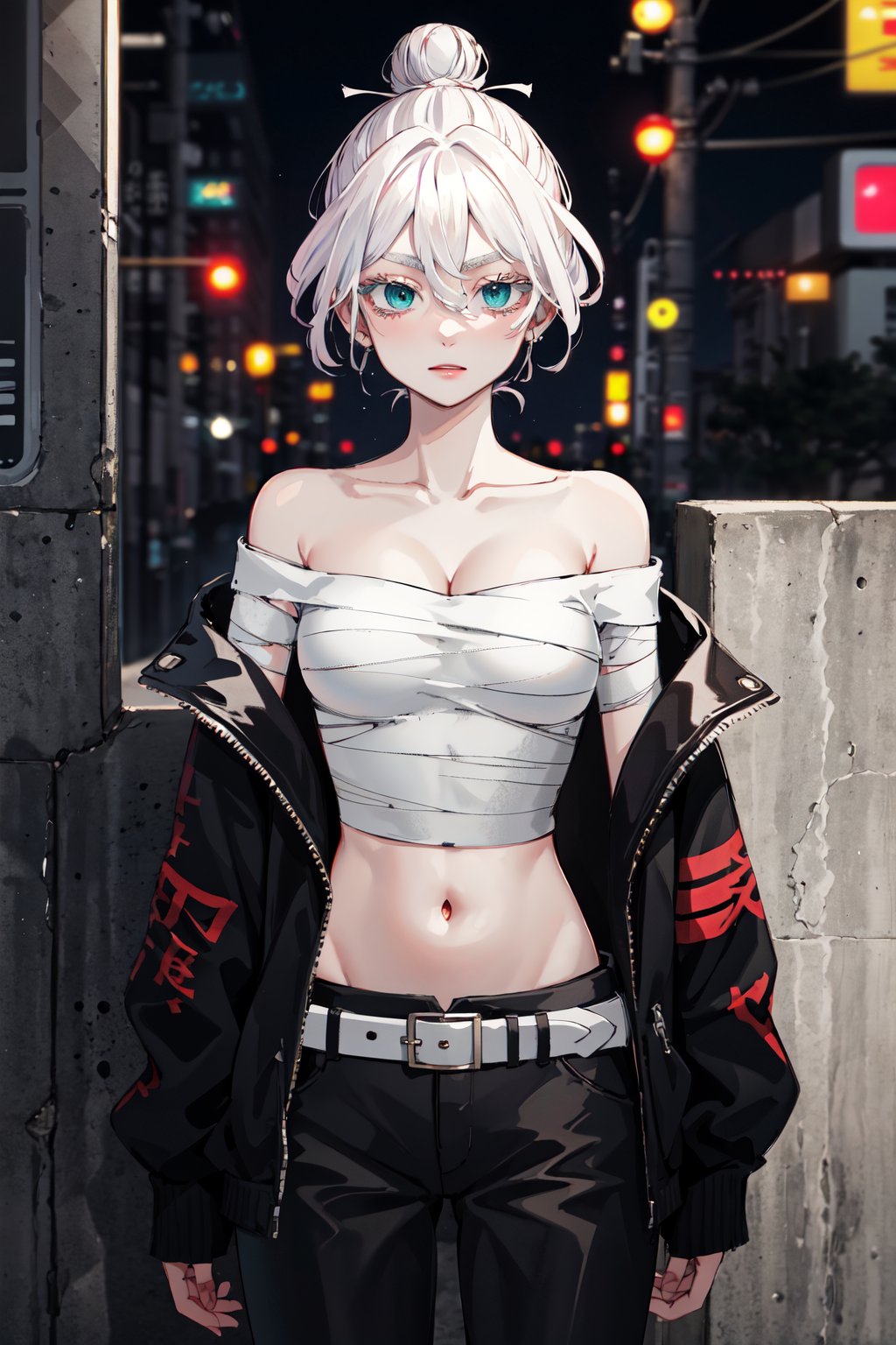 masterpiece, best quality, highres, 1girl, solo, short hair, white hair, hair bun, hair between eyes, colored eyelashes, aqua eyes, off shoulder, cleavage, sarashi, bandages, black jacket, open clothes, long sleeves, midriff, belt, black pants, <lora:kawaragi_senju_v1:0.7>, standing, night, cyberpunk, wall