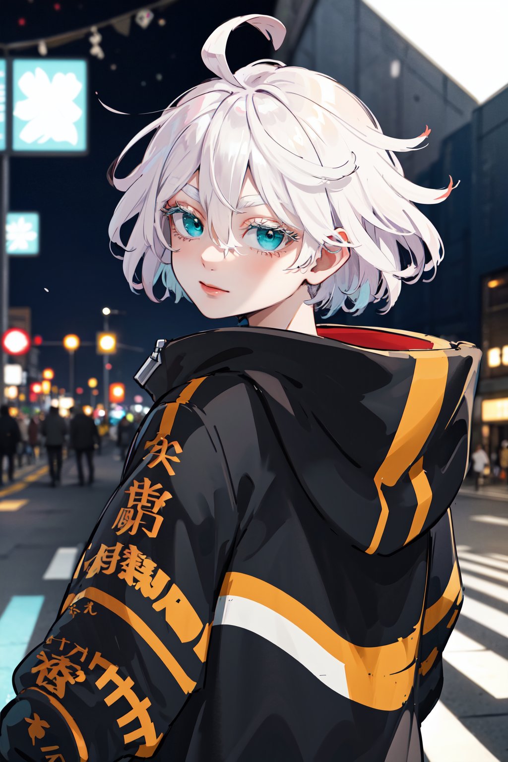 masterpiece, best quality, highres, 1girl, solo, short hair, white hair, floating hair, ahoge, hair between eyes, colored eyelashes, aqua eyes, high collar, black jacket, hooded jacket, zipper pull tab, long sleeves, sleeves past wrists, <lora:kawaragi_senju_v1:0.7>, upper body, street, night, from behind, looking at viewer, closed mouth, 